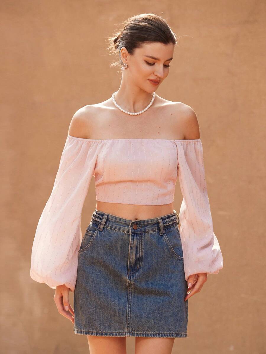 SHEIN Privé Blusa de manga larga con cordones en la espalda y acabado metálico en color rosa para mujeres - Rosa - Ver 1