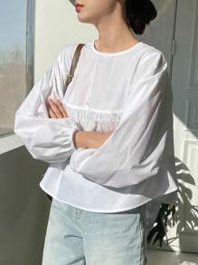 DAZY Solid Lantern Sleeve Keyhole Back Blouse,Ruffle,Fall Clothes Long Sleeve Top - White - View 3