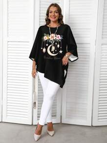 EMERY ROSE Ramadan Casual Minimalist Moon & Flower All-Over Print Plus Size Shirt, Spring Autumn