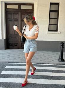 Chiquease Women Sexy V-Neck White Mesh Lace Patchwork Asymmetrical Stripe Slim Fit T-Shirt - White - View 4