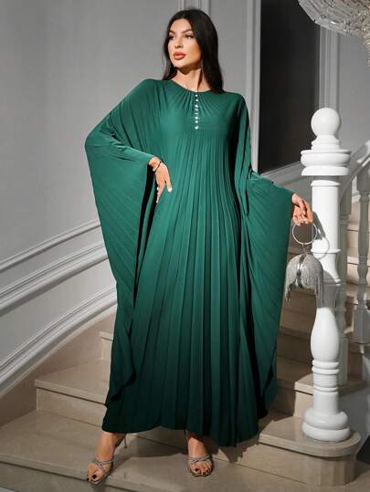 Al Najma 女士优雅纯色褶皱阿拉伯连衣裙