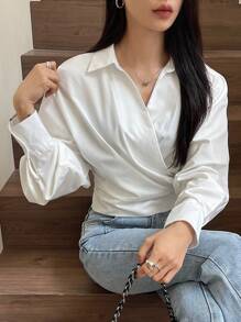 DAZY Solid Color Asymmetrical Collar Long Sleeve Blouse For Women,Fall Clothes - White - View 7