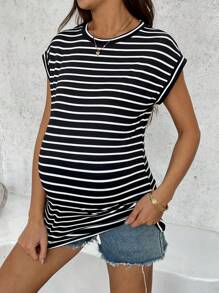 SHEIN Women Hollow-Out Striped Batwing Sleeve T-Shirt, Maternity Striped T-Shirt Summer Outfits - Black and White - View 1