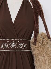 Elamini Women's Hippie Hippie Sun Totem Embroidered Vintage Bohemian Halter Neck Tank Top, Spring/Summer - Coffee Brown - View 4