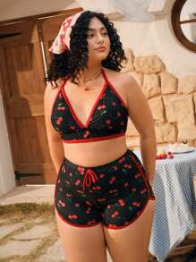 Plus Size Women Cherry Print Colorblocked Bikini Set, Casual Resort Swimwear For Summer Beach Vacation - Multicolor - View 6