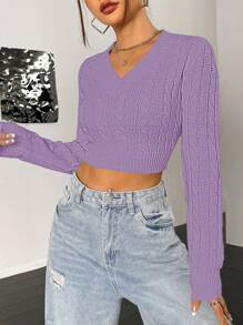 SHEIN Unity Sweater Pullover Kasual Wanita Lengan Panjang Leher V, Pullover Rajut Musim Gugur/Dingin - Purple - View 5