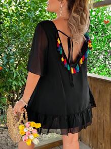 Flirla 节日、波西米亚风、嬉皮士、女牛仔、老钱风格休闲海滩度假露背流苏迷你连衣裙 - 黑色 - 查看 2