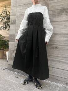 FRIFUL 女士拼接撞色中长连衣裙，秋季长袖连衣裙，及地长裙 - 黑色 - 查看 8