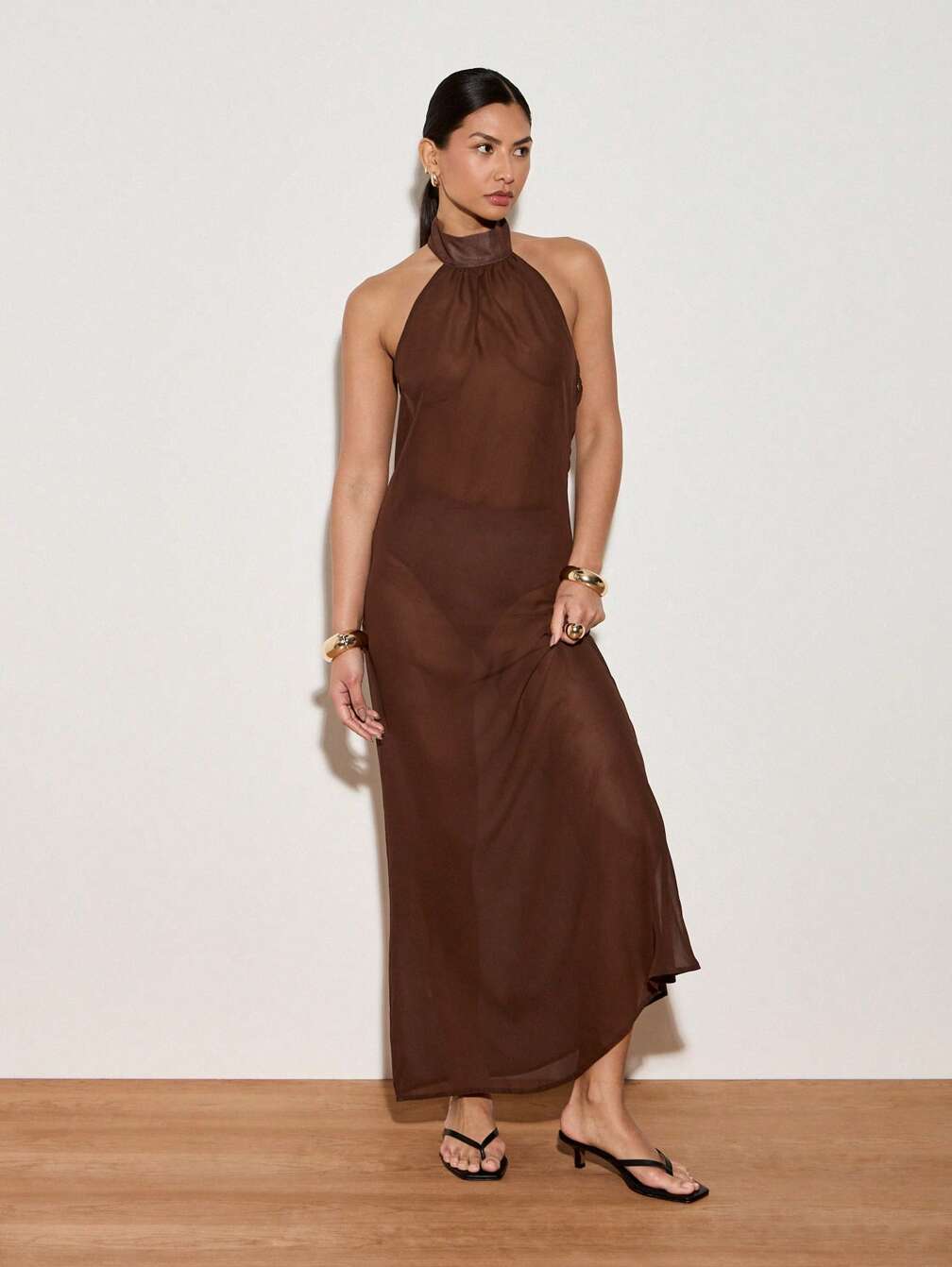 halter neck sheer dress Chandler Pleated Halter Neck Mesh Sheer Maxi Dress