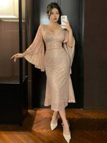 DAZY Vestido largo de cola de sirena con escote en V y lentejuelas para mujeres, vestido de fiesta, vestido de graduación, vestido de manga larga elegante y de lujo para mujeres, vestido de Año Nuevo, vestido brillante de carnaval - Albaricoque - Ver 8