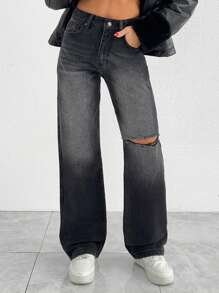 EURMUSE WOMEN HIGH WAIST WIDE LEG JEANS - Black - View 1