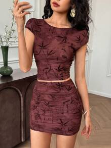 EastFlair 2pcs/Set Women Plant Print Crew Neck Short Sleeve Fitted Top And Mini Skirt Set
