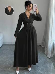 Selianne Vestido largo de manga larga con cuello, corte evasé, de alta gama para mujeres, vestido largo de mujer para otoño/invierno - Negro - Ver 3