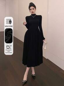 DAZY Women High Neck Fitted Mid-Length Dress, Autumn/Winter, Birthday ,New Year Eve Prom Dress,Fall Women Clothes Long Sleeve Dress Elegant Women Dresses - Black - View 10