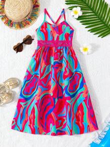 SHEIN Young Girl Full Print Strap Summer Dress, Suitable For Holiday - Blue - View 6