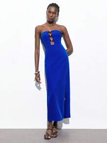 Maija Vestido tubo negro elegante y casual de estilo urbano chic, con la cintura ceñida y decoración dorada redonda, adecuado para festivales de música, vacaciones en la playa, uso casual diario, escapadas románticas en la ciudad, eventos, bodas y graduaciones - azul real - Ver 5