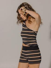 Aralina Striped One Shoulder Micro Shorts Foldover Resort Outfit Two Pieces Set