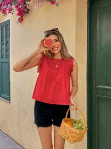 Chiquease 镂空荷叶边休闲衬衫，红色上衣 - 紅色 - 查看 4