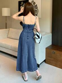 DAZY 女式休闲牛仔细肩带连衣裙，适合夏季太阳裙 - 寶藍色 - 查看 4