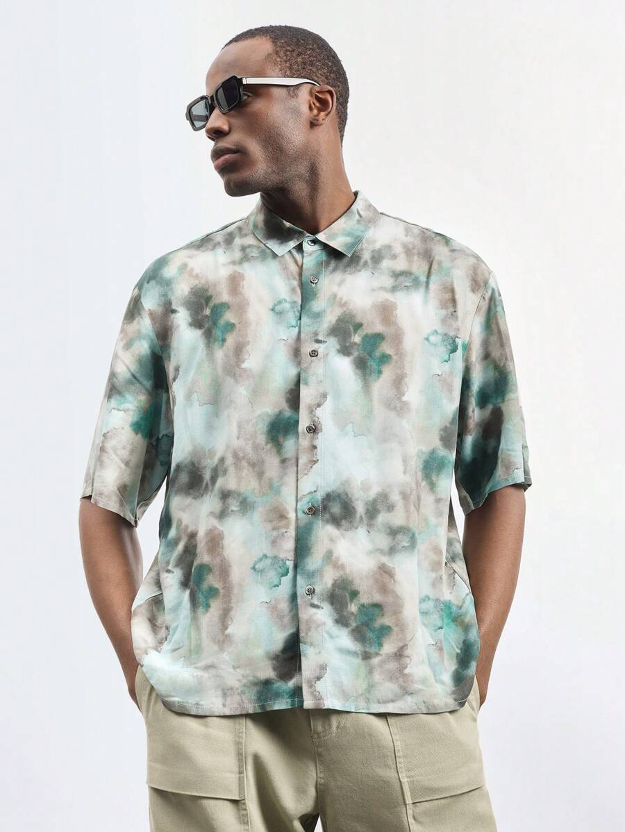 Maija 男士扎染印花短袖单排扣休闲时尚衬衫