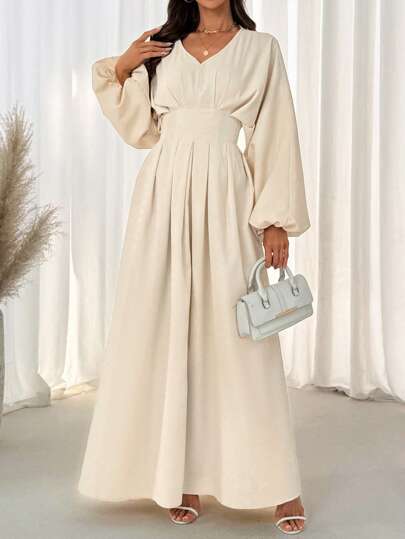 SHEIN LUNE V 领腰部褶皱收腰灯笼袖 A 字形伞形提花纹理休闲度假优雅女士连衣裙