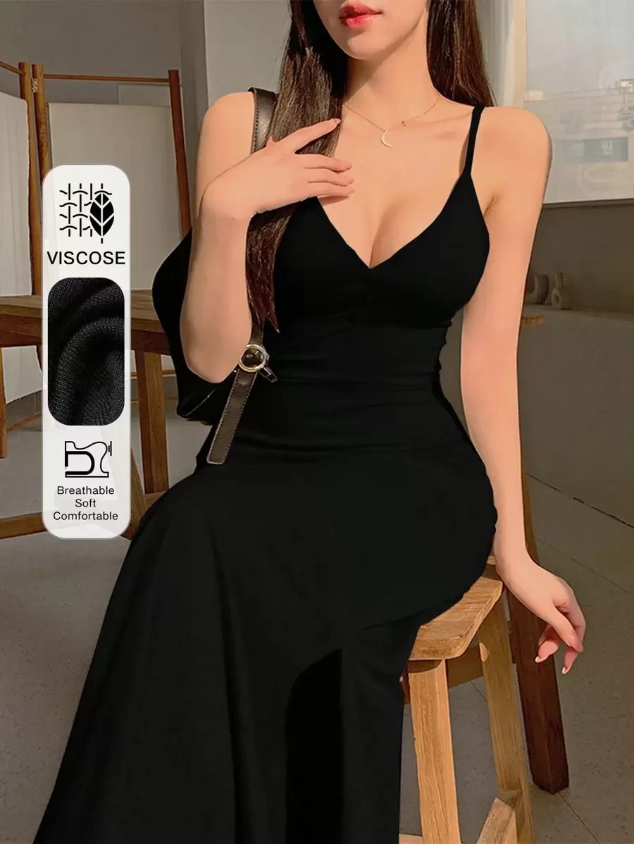 DAZY 女士吊带收腰长款鱼尾优雅连衣裙，黑色连衣裙/吊带长裙 - 黑色 - 查看 1