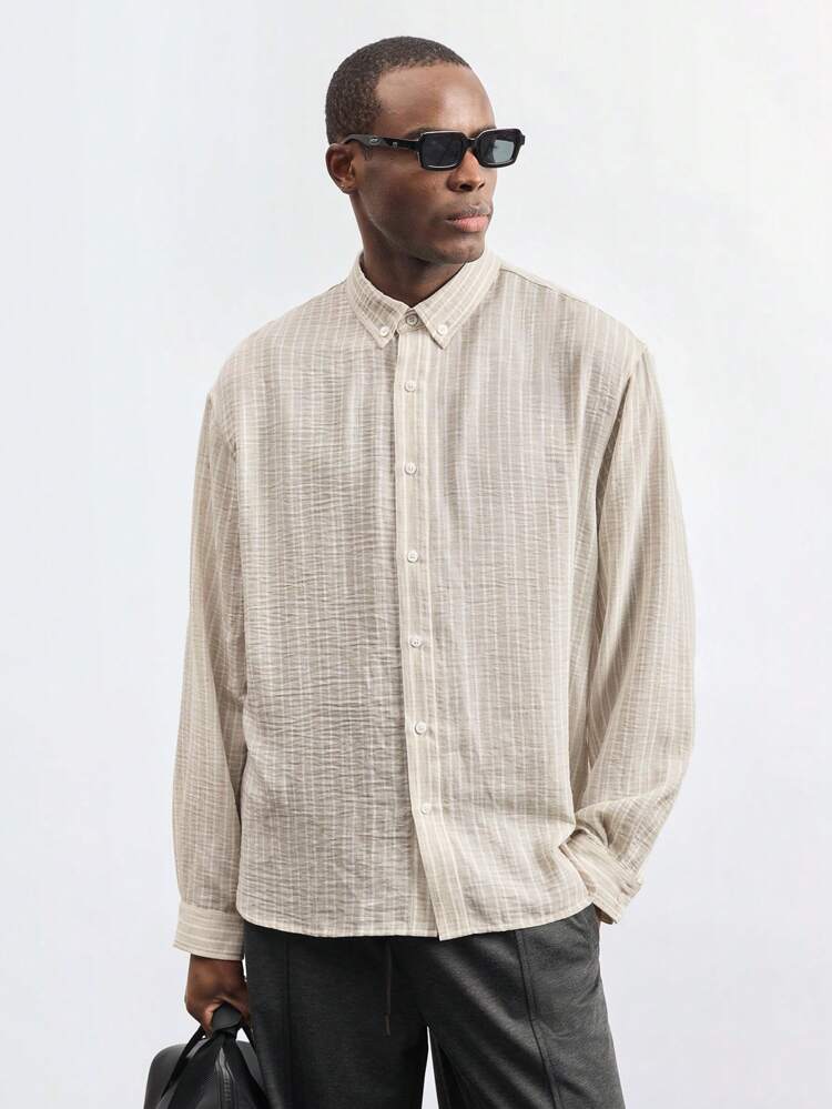 SHEIN Maija Men's Casual Versatile Solid Color Textured Long Sleeve Shirt