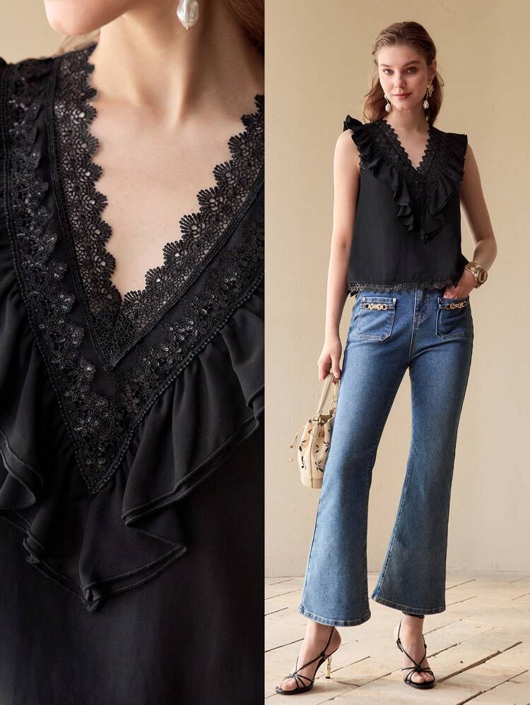 CONTRAST LACE RUFFLE TRIM SLEEVELESS BLOUSE,SPRING/SUMMER