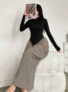 Modelyn 女士优雅曲线针织拼布连衣裙 - 米色 - 查看 5