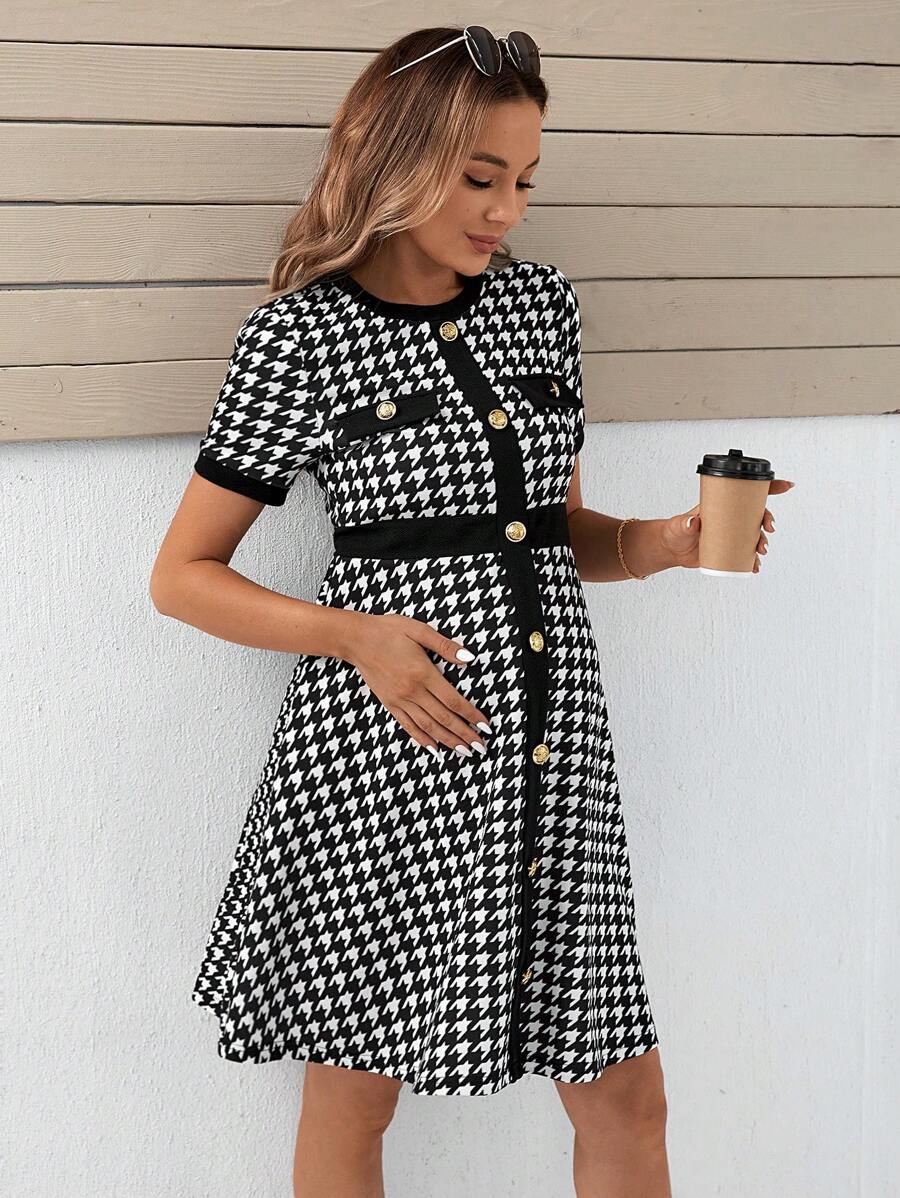SHEIN Maternity Houndstooth Print Button Front Dress - Black and White - View 1