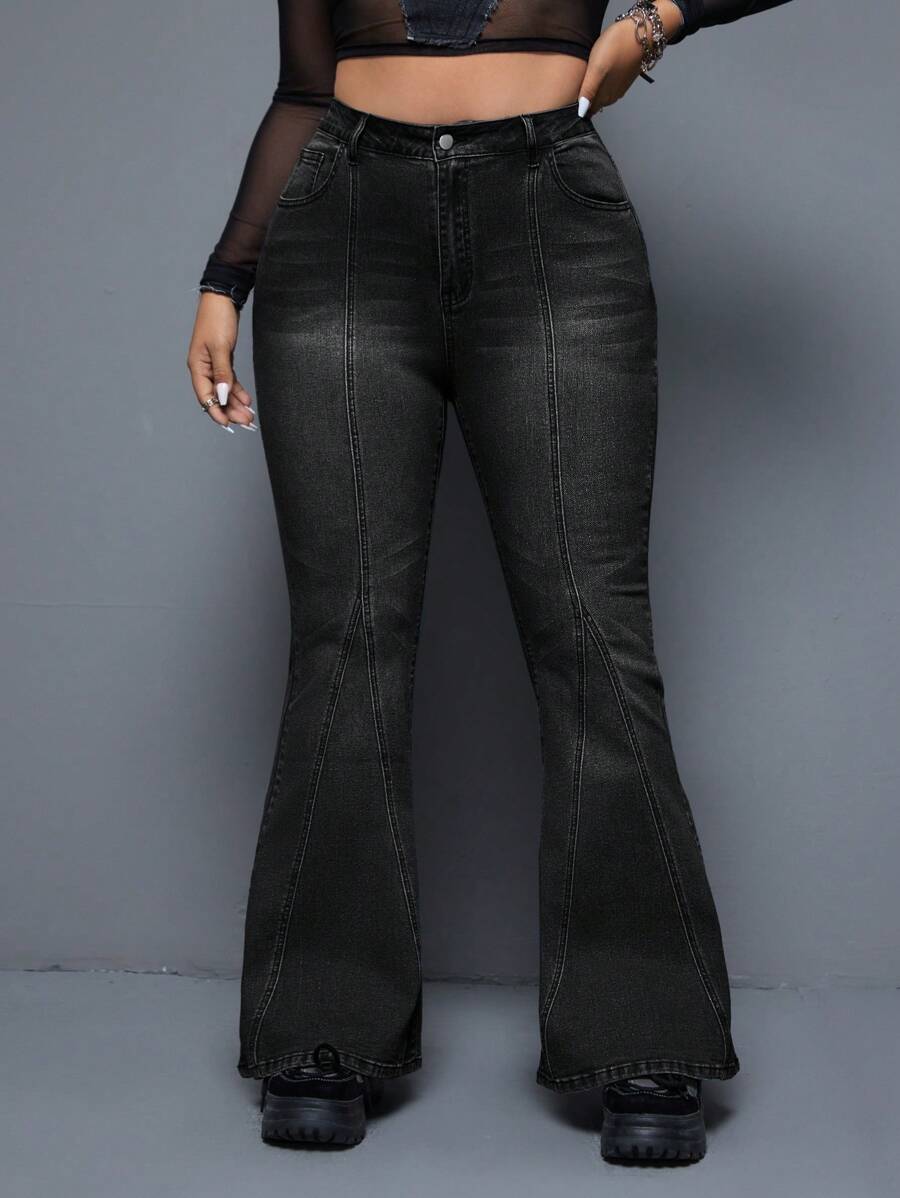 SHEIN ICON Plus Size Front Button Multiple Pockets Casual Denim Jeans - Black - View 1