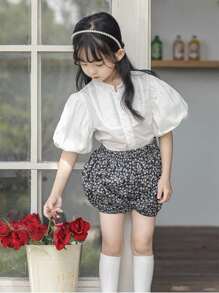 DAZY 2pcs Set Young Girl Plain Front Button Short Sleeve Top And Skirt Floral - Black and White - View 1