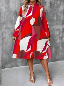 Plus Size Casual Commuter Colorblock Printed Lantern Sleeve Dress