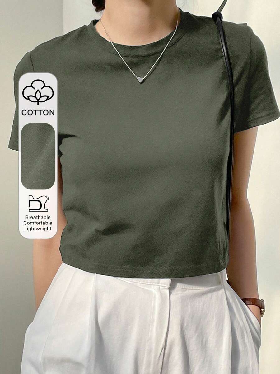 Dazy-Less 纯色圆领短款T恤，复古风夏季商务休闲女士工作服 - 軍綠色 - 查看 1