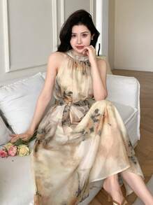 DAZY Ladies' Sleeveless Printed Halter Neck Dress Summer Sundress - Yellow - View 10