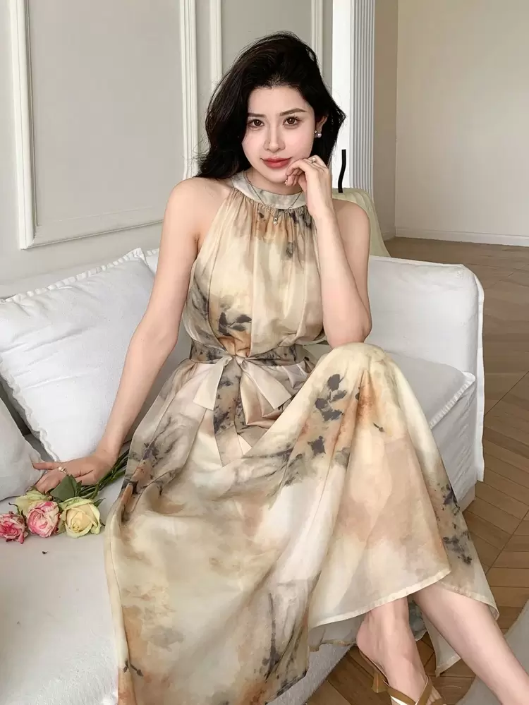 Ladies' Sleeveless Printed Halter Neck Dress Summer Sundress Maxi Dress