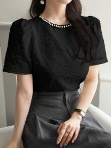 Wynsel Women's Textured Crew Neck Beaded Short Sleeve T-Shirt, Suitable For Office Wear Work Women Clothes - Black - View 5