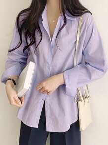 DAZY Solid Button Front Shirt,Long Sleeve Tops - Lilac Purple - View 2