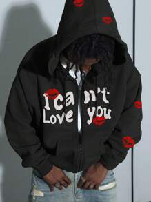 Manfinity EMRG 男士休闲字母印花拉链抽绳保暖连帽衫，适合秋季日常穿着，外出拉链复古图案长袖连帽卫衣，送给朋友、丈夫、男友的冬季礼物 - 黑色 - 查看 1