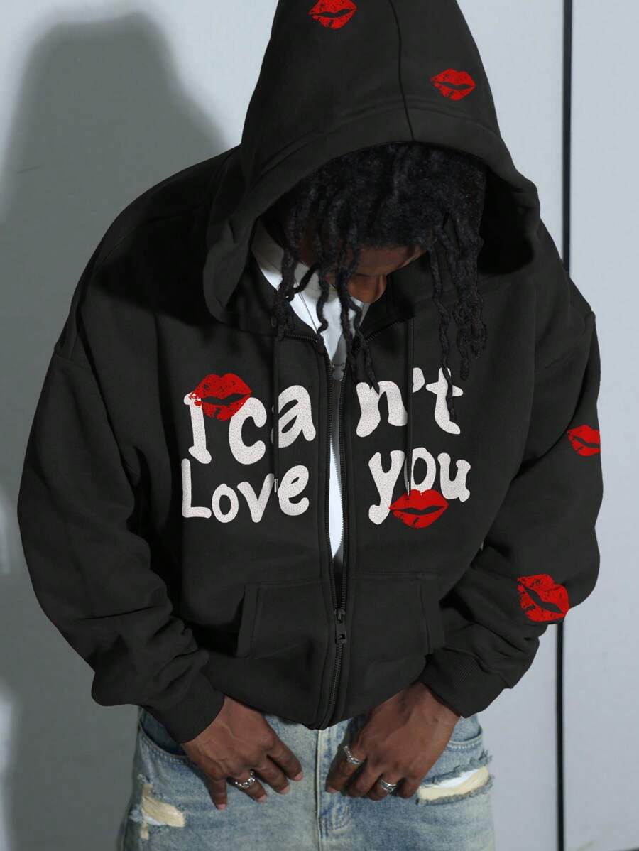 Manfinity EMRG 男士休闲字母印花拉链抽绳保暖连帽衫，适合秋季日常穿着，外出拉链复古图案长袖连帽卫衣，送给朋友、丈夫、男友的冬季礼物 - 黑色 - 查看 1