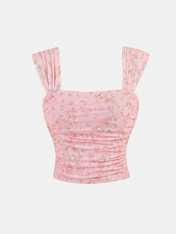 Girlism Adolescente Fete Gât pătrat Roz cu imprimeu floral Slim Fit Plis ElegantCharmVest,Haine, Top renascentist,Târg renascentist,Vacanță,Vacanță