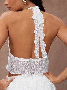 Hauture Women Summer Elegant White Lace Halter Neck Top, Backless Solid Color Crop Tank Tops For Club,Vacation - White - View 2