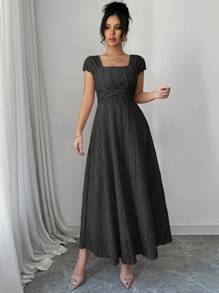 Modelyn Đầm suông cổ vuông tay bèo nhún thanh lịch màu trơn cho nữ - màu đen - Xem 3