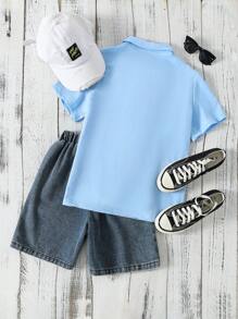 SHEIN 2pcs/Set Tween Boys Spring/Summer Wildeya New Style Fashion Gentleman Light Blue Polo Shirt Paired With Black Washed Denim Jeans, Suitable For Outdoor Activities And Daily Wear - Multicolor - View 2