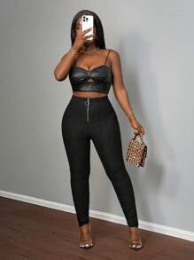 Slaydiva Women's Casual Elegant Black Circular Zipper Waistband Stretch Fabric Pants, Autumn/Winter