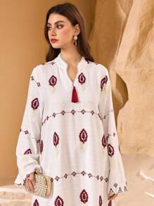 Al Najma 女式几何印花拼布流苏长袖阿拉伯风格 Jalabiya 连衣裙，阿拉伯连衣裙，端庄 - 白色 - 查看 4