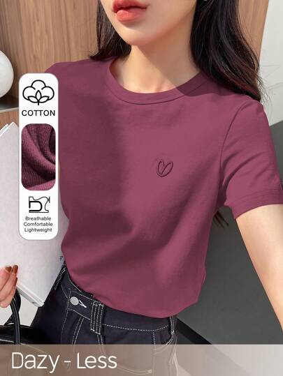 DAZY Solid Color Embroidered Heart Short Sleeve T-Shirt Summer,Business Casual Women