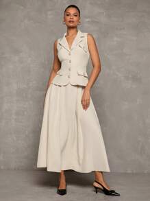 Glamine Old Money Apricot V-Lapel Single Row Of Gold Buttons, Hand-Sewn Decorative Buttons On The Pocket Cover, Sleeveless Suit Vest Jacket With Simple Large A-Line Skirt, Elegant, Women's Suit. Suitable For Parties, Work, Weddings And Daily Suit Dress Skirt Suit Grey Formal Dress Dress Elegant - Apricot - View 4