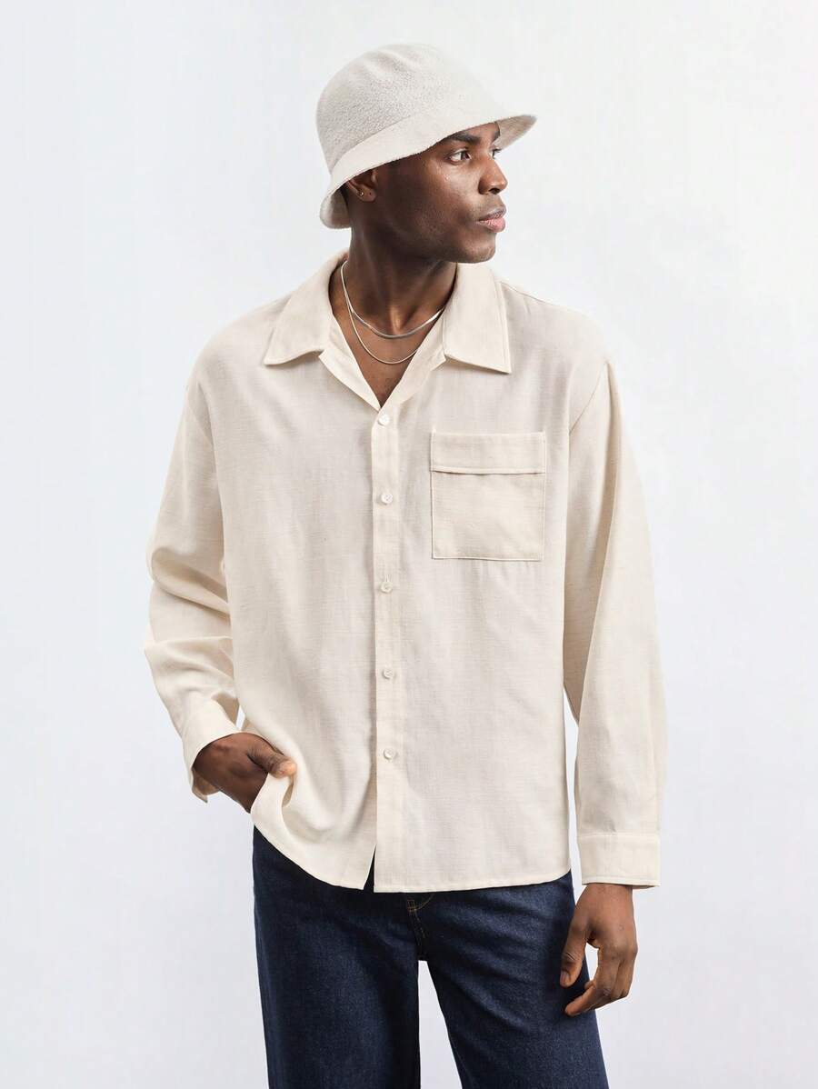 Maija Camisa de manga larga de unicolor casual y versátil para hombres - Albaricoque - Ver 1