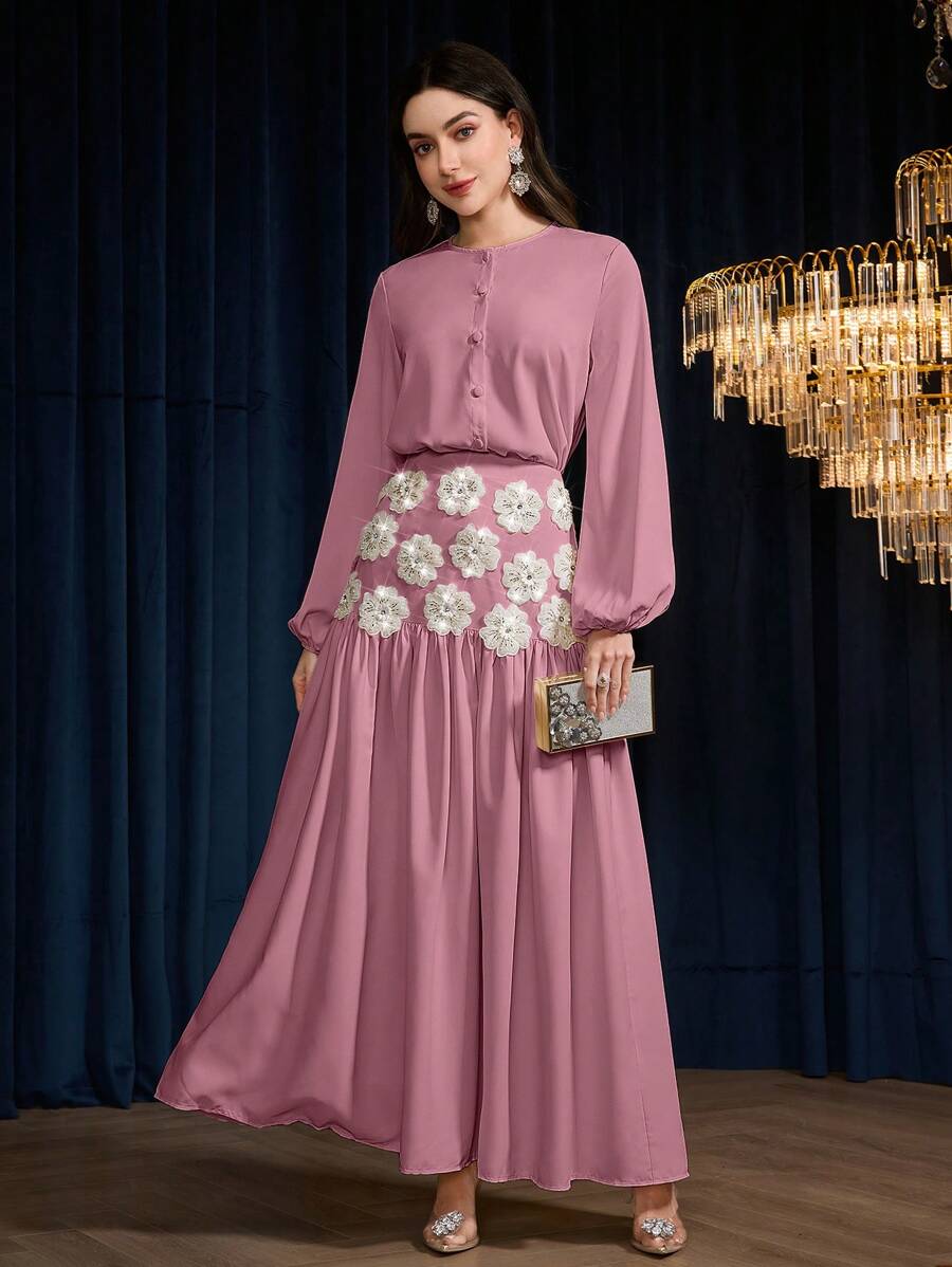 Modelyn 2 件套女士单排扣灯笼袖衬衫和花朵装饰 A 字裙套装 - 中紫紅色 - 查看 1